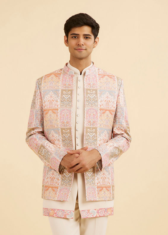 Manyavar Men Orange and Beige Blended Viscose Printed Indo Western Set