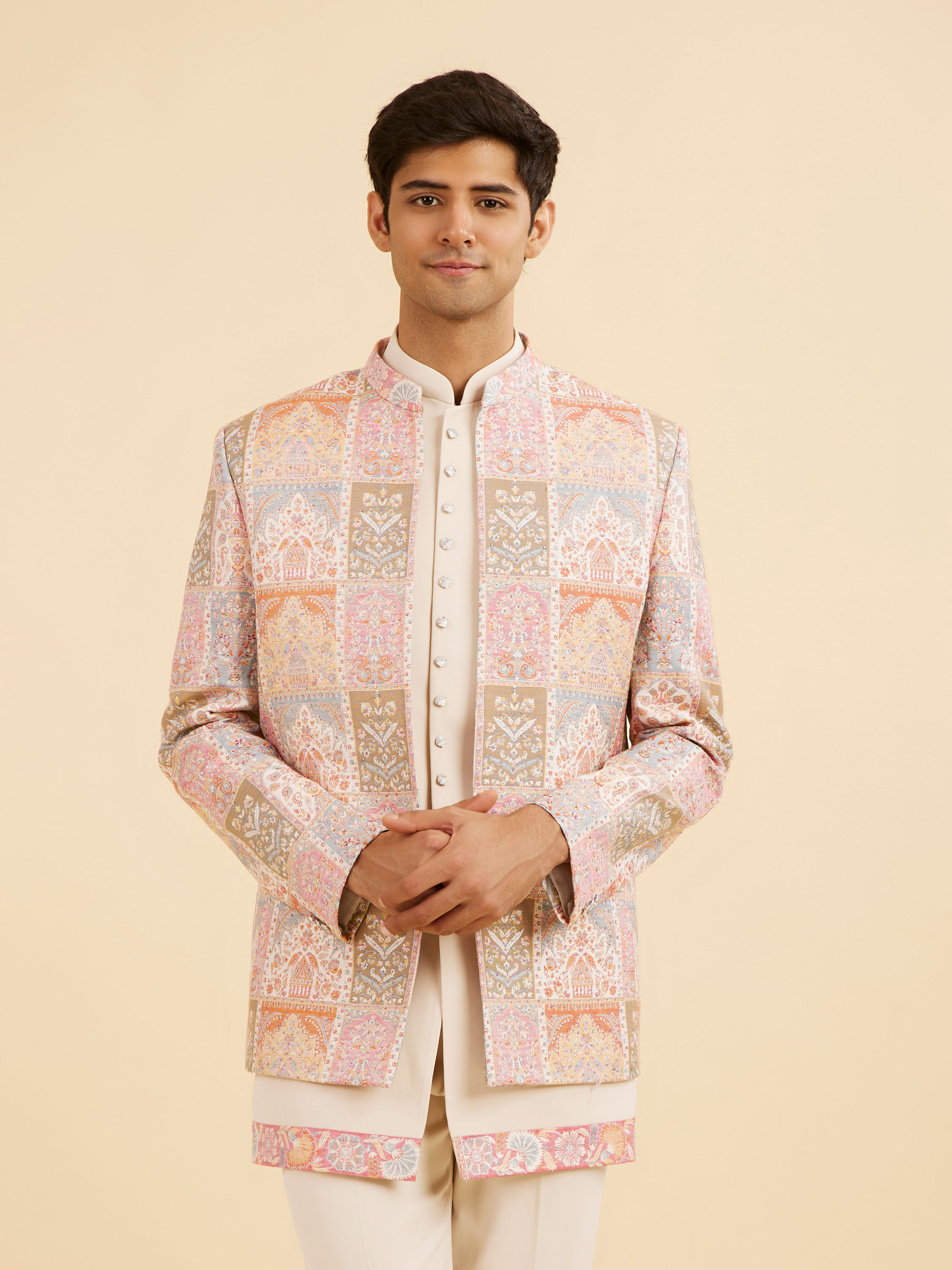 Manyavar Men Orange and Beige Blended Viscose Printed Indo Western Set