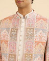 Manyavar Men Orange and Beige Blended Viscose Printed Indo Western Set