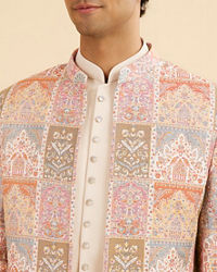 Manyavar Men Orange and Beige Blended Viscose Printed Indo Western Set