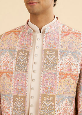 Manyavar Men Orange and Beige Blended Viscose Printed Indo Western Set