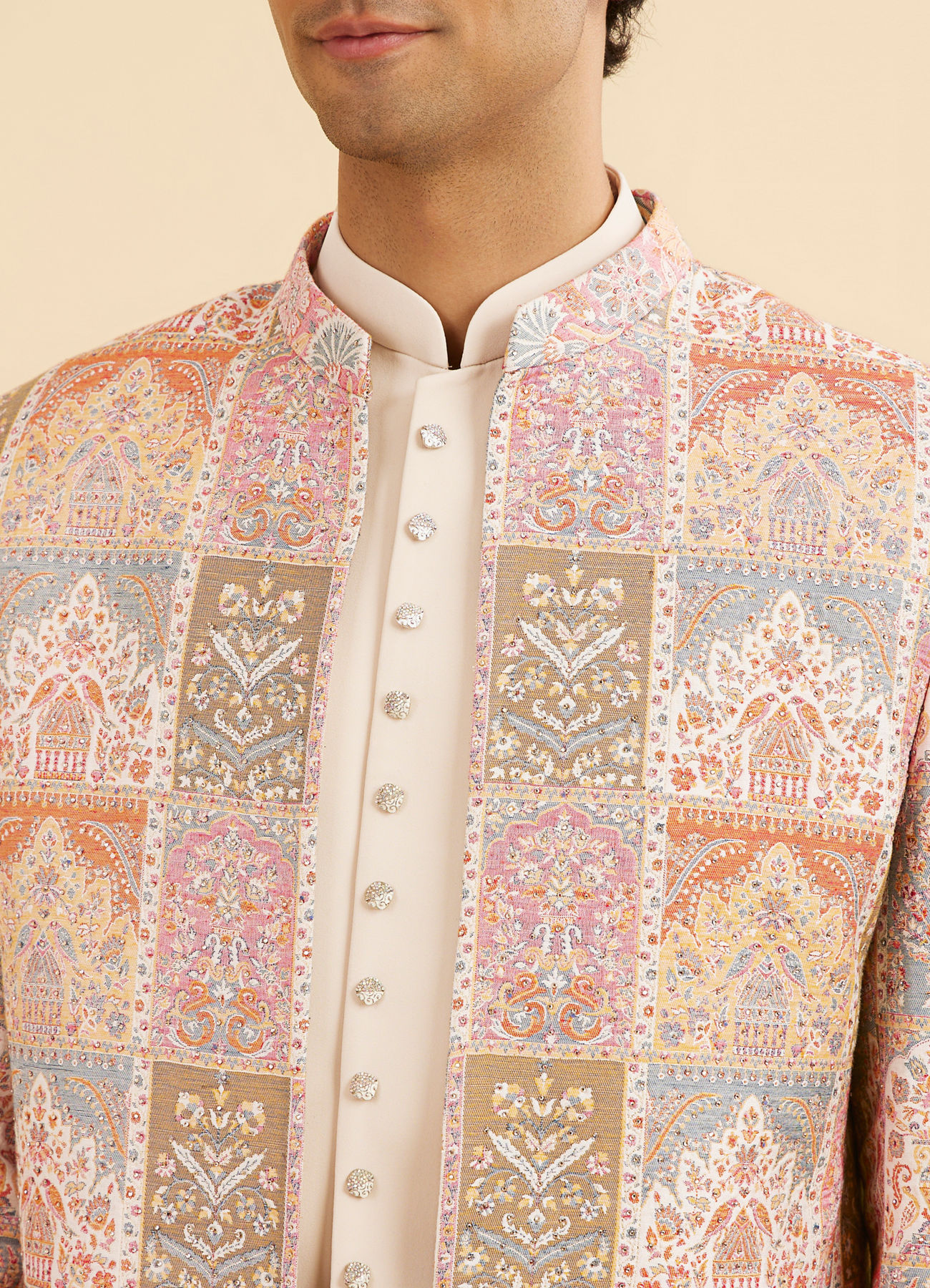 Manyavar Men Orange and Beige Blended Viscose Printed Indo Western Set
