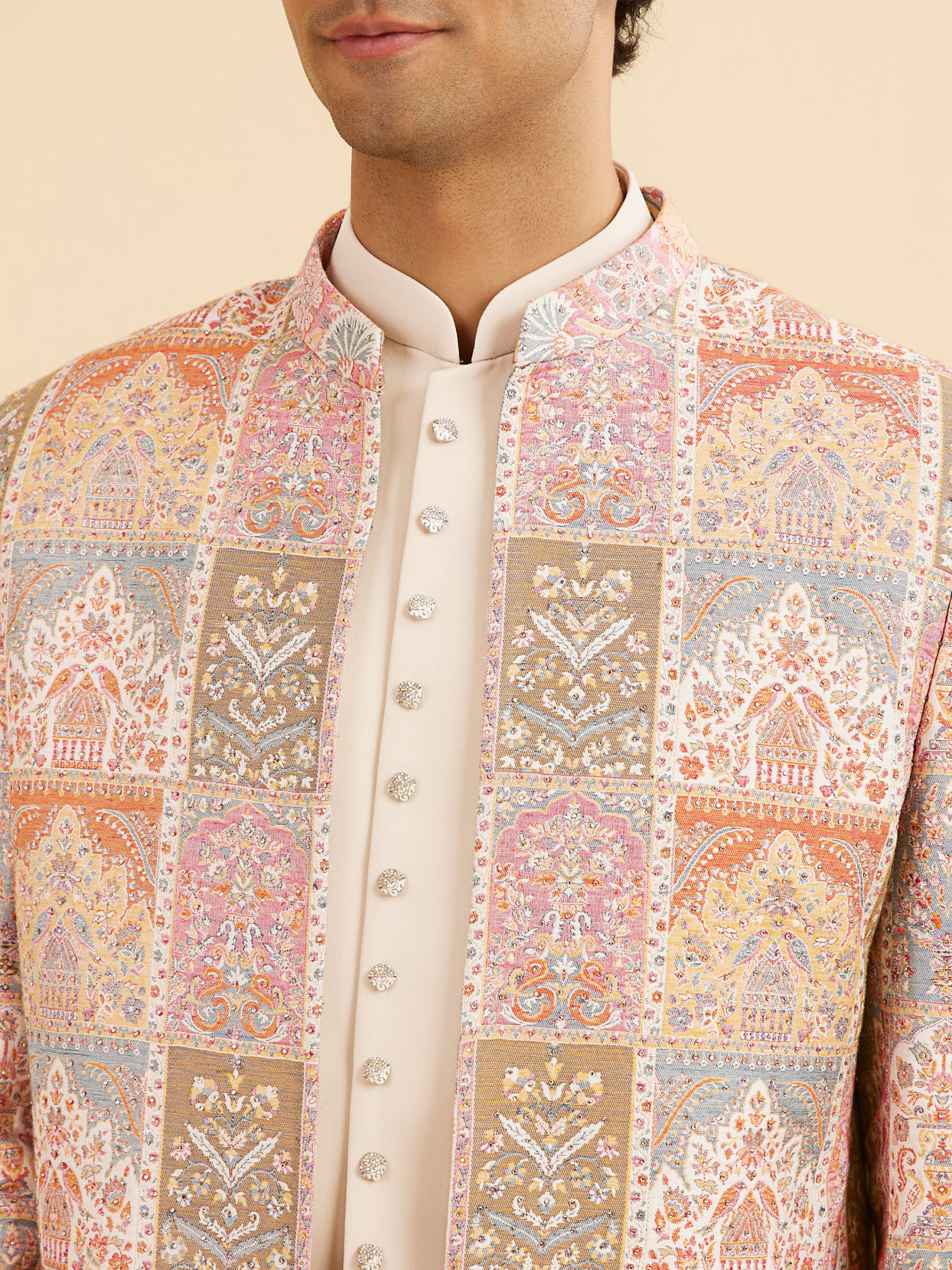 Manyavar Men Orange and Beige Blended Viscose Printed Indo Western Set