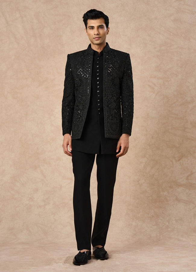Manyavar Men Black Net Indo Western with Embroidery