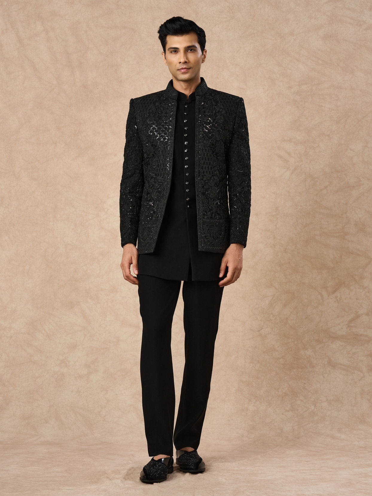 Manyavar Men Black Net Indo Western with Embroidery