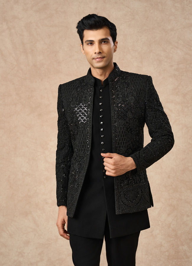 Manyavar Men Black Net Indo Western with Embroidery