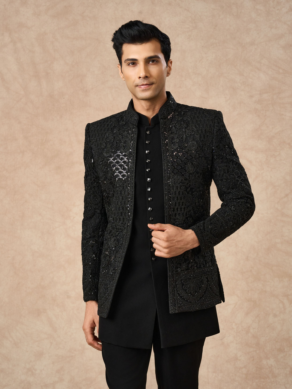 Manyavar Men Black Net Indo Western with Embroidery
