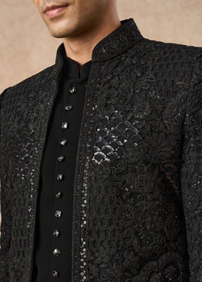 Manyavar Men Black Net Indo Western with Embroidery