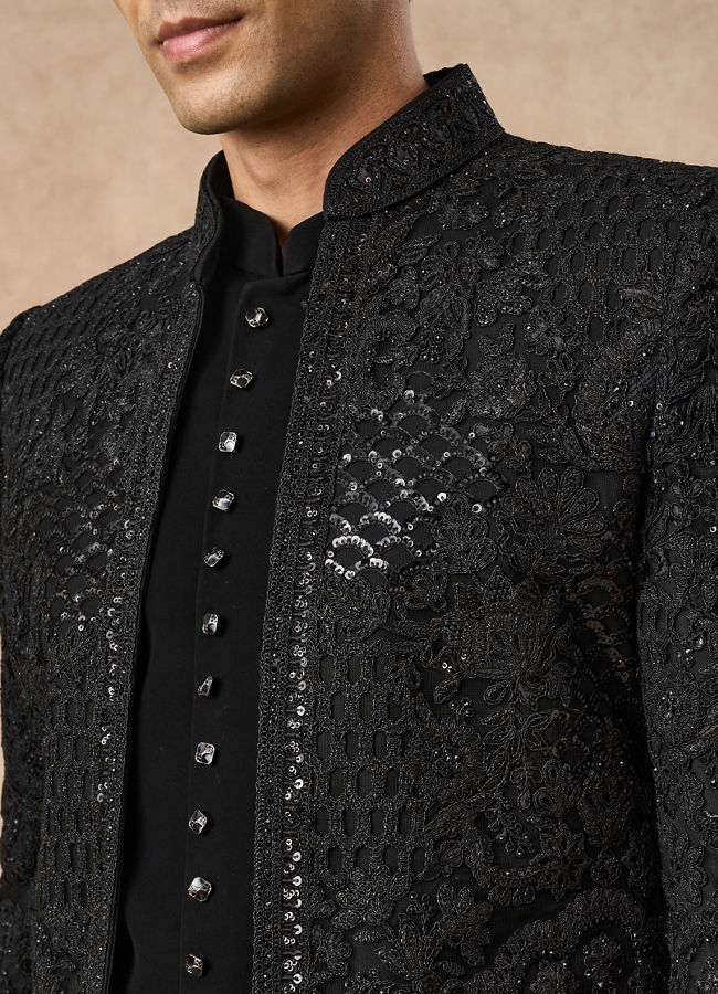 Manyavar Men Black Net Indo Western with Embroidery