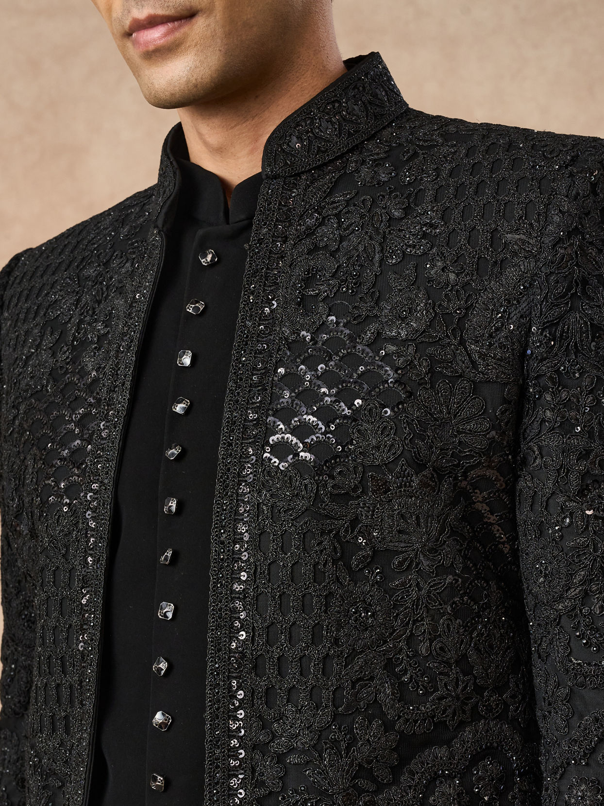 Manyavar Men Black Net Indo Western with Embroidery