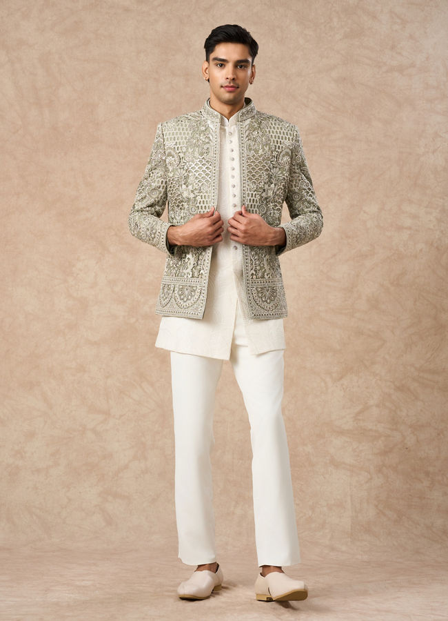 Manyavar Men Pista Green Net Indo Western