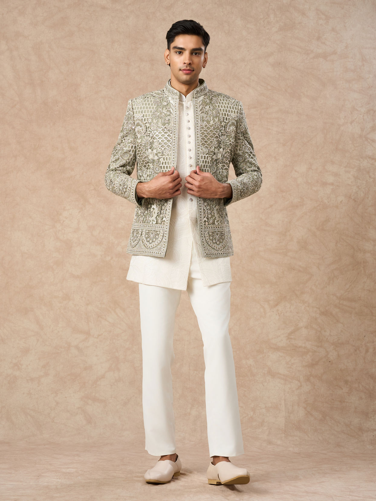 Manyavar Men Pista Green Net Indo Western