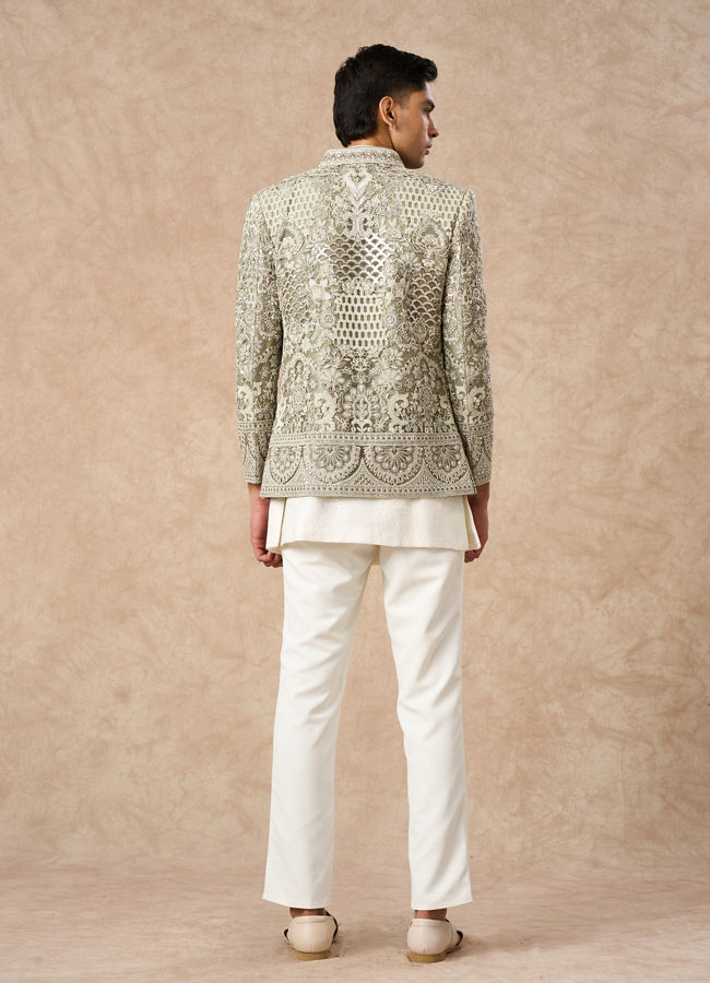 Manyavar Men Pista Green Net Indo Western