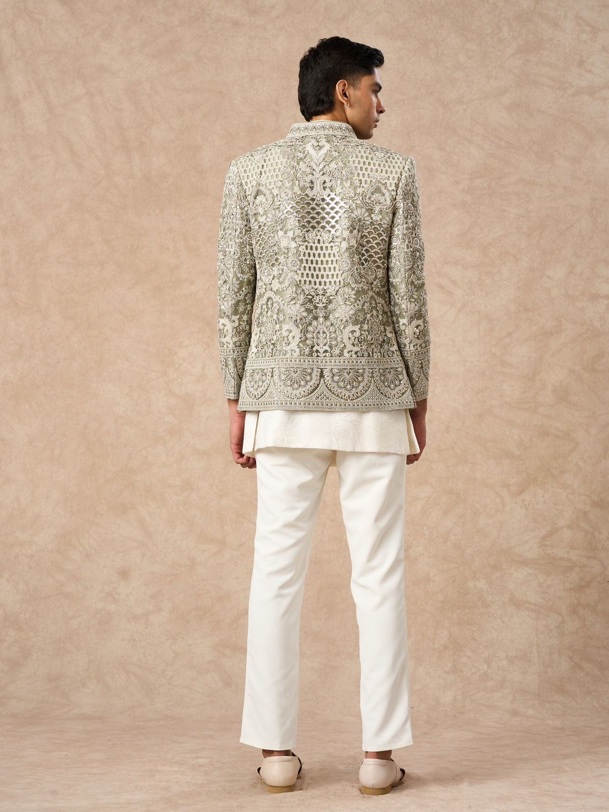 Manyavar Men Pista Green Net Indo Western
