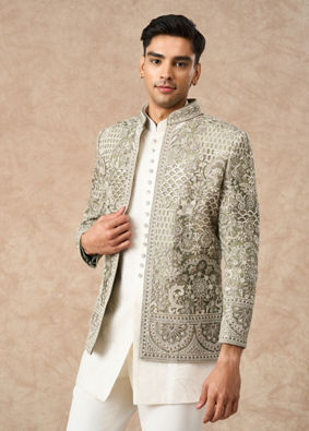 Manyavar Men Pista Green Net Indo Western
