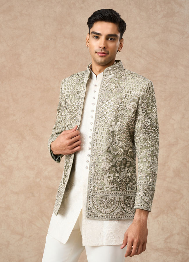 Manyavar Men Pista Green Net Indo Western