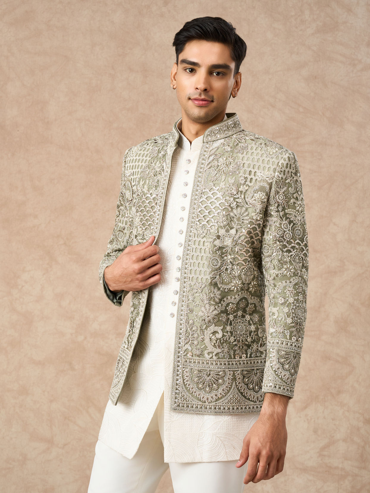 Manyavar Men Pista Green Net Indo Western