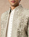 Manyavar Men Pista Green Net Indo Western