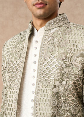 Manyavar Men Pista Green Net Indo Western