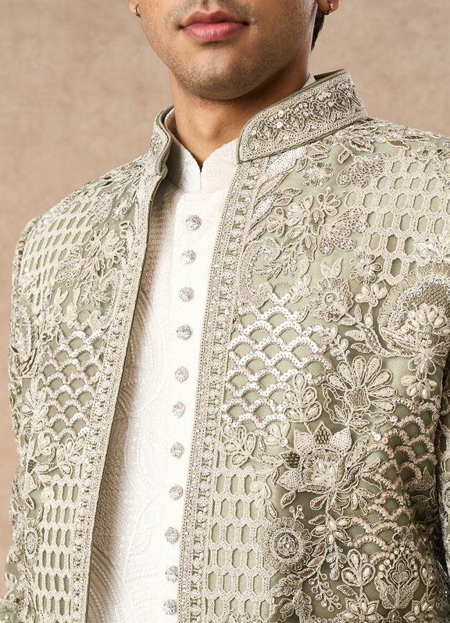 Manyavar Men Pista Green Net Indo Western