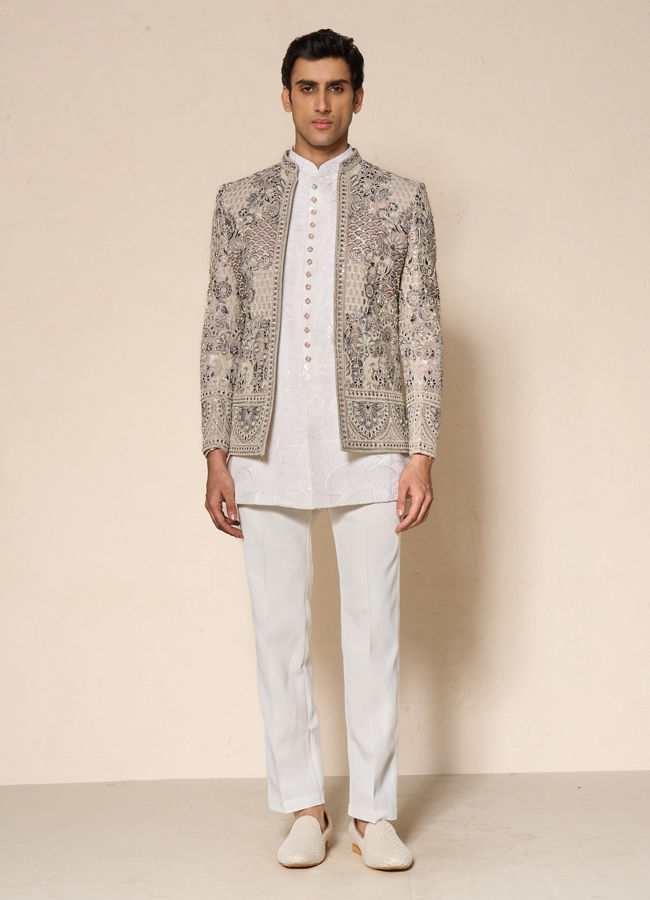 Manyavar Men Vijay's Light Grey & White Net Indo Western Set with Floral Embroidery