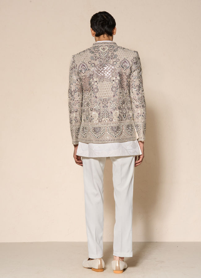 Manyavar Men Vijay's Light Grey & White Net Indo Western Set with Floral Embroidery