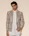 Manyavar Men Vijay's Light Grey & White Net Indo Western Set with Floral Embroidery
