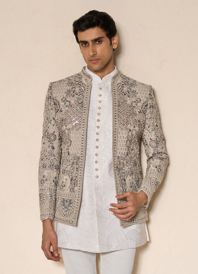 Manyavar Men Vijay's Light Grey & White Net Indo Western Set with Floral Embroidery