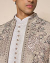 Manyavar Men Vijay's Light Grey & White Net Indo Western Set with Floral Embroidery