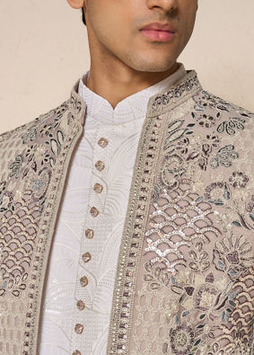 Manyavar Men Vijay's Light Grey & White Net Indo Western Set with Floral Embroidery