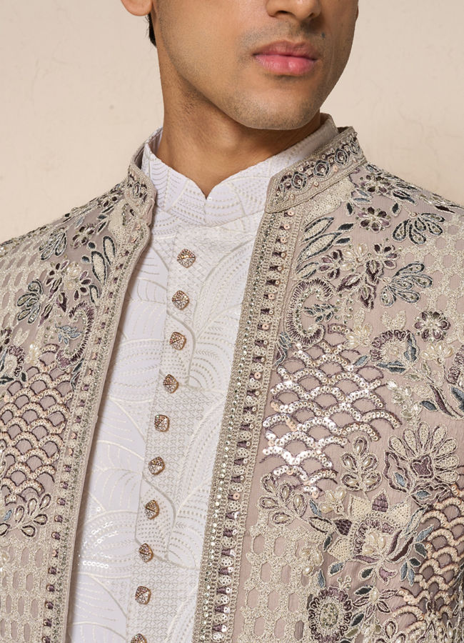 Manyavar Men Vijay's Light Grey & White Net Indo Western Set with Floral Embroidery