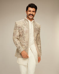 Manyavar Men Light Grey and White Net Indo Western Set