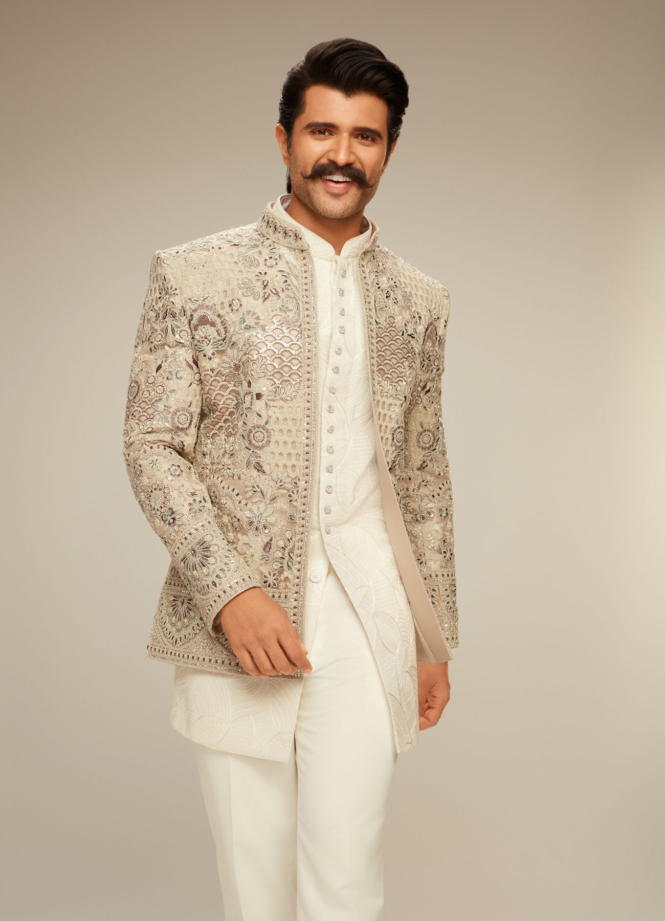 Manyavar Men Light Grey and White Net Indo Western Set