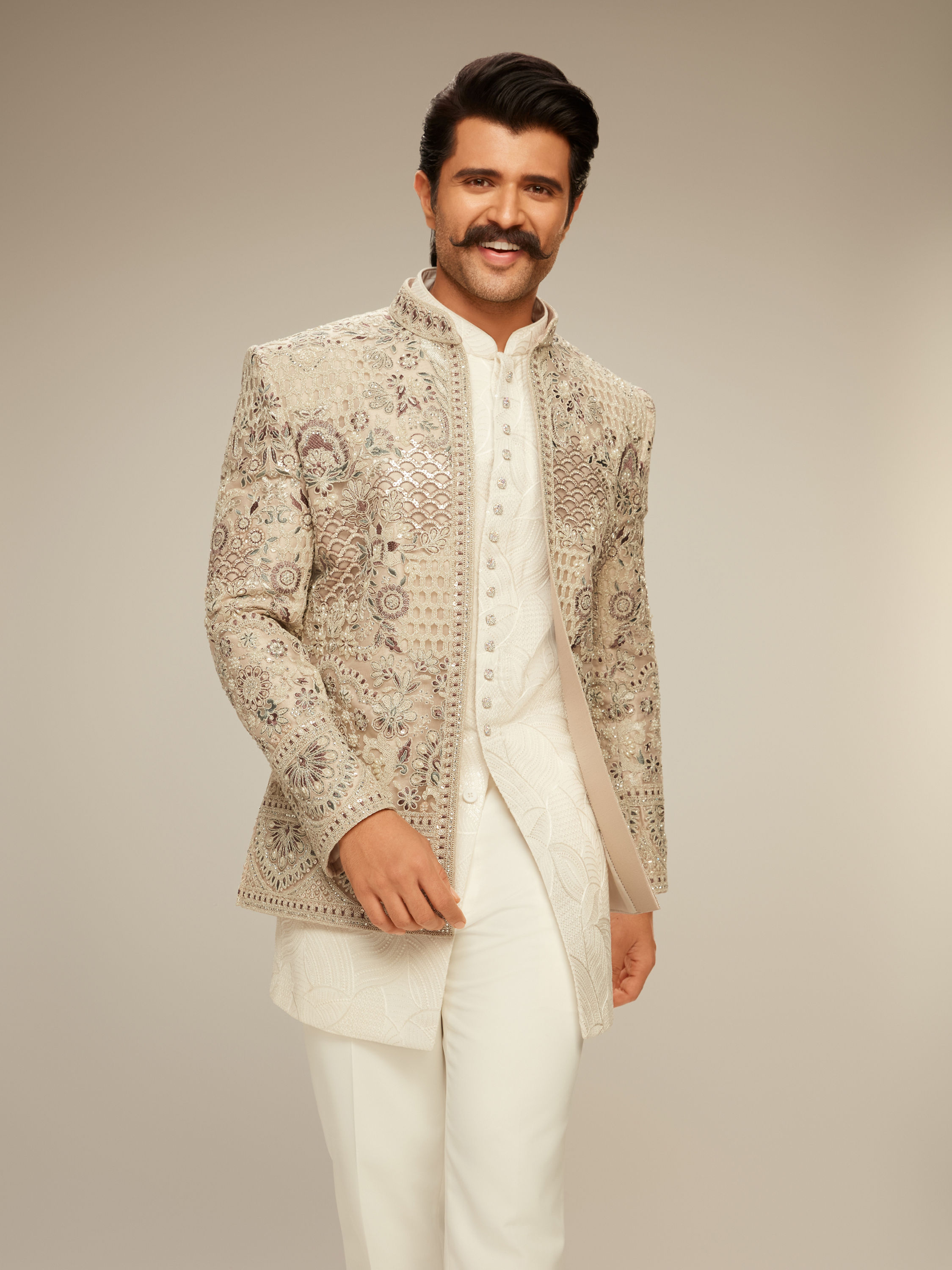 Manyavar Men Light Grey and White Net Indo Western Set