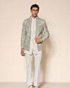 Manyavar Men Aqua Green Net Indo Western with Embroidery