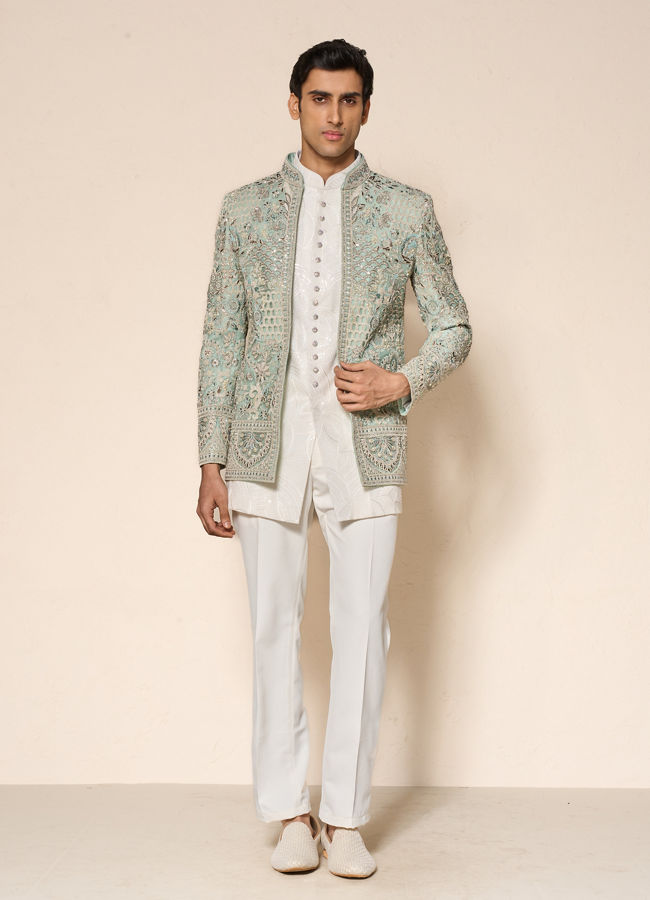 Manyavar Men Aqua Green Net Indo Western with Embroidery