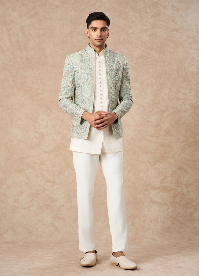 Manyavar Men Aqua Green Net Indo Western with Embroidery