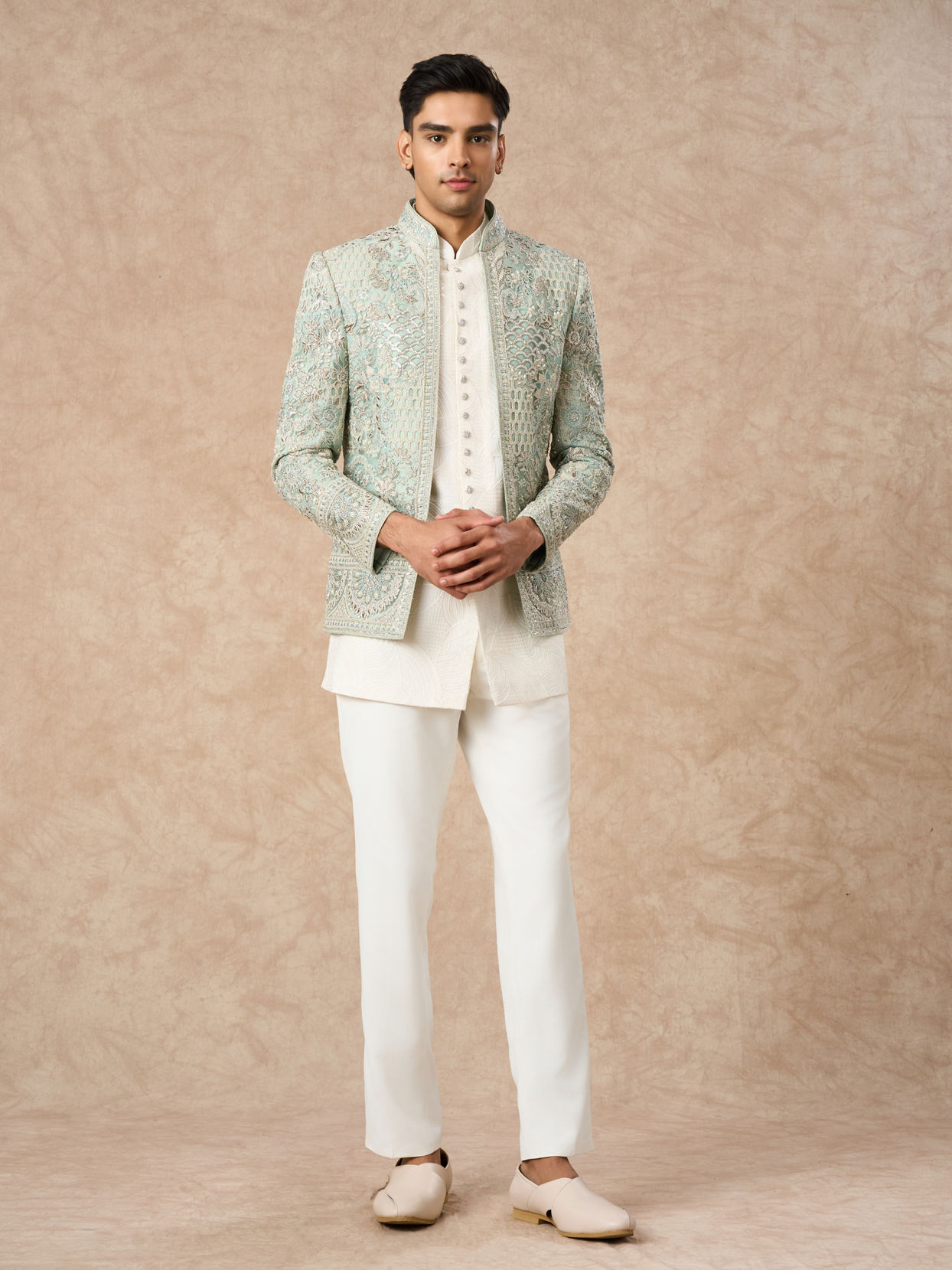 Manyavar Men Aqua Green Net Indo Western with Embroidery