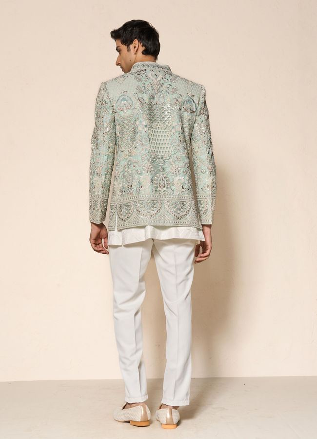 Manyavar Men Aqua Green Net Indo Western with Embroidery