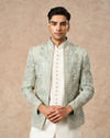 Manyavar Men Aqua Green Net Indo Western with Embroidery