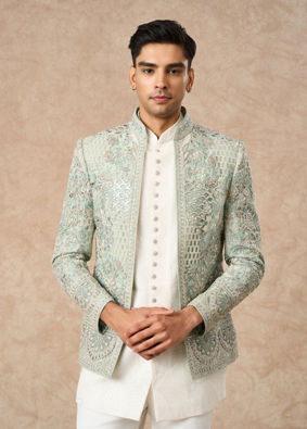 Manyavar Men Aqua Green Net Indo Western with Embroidery