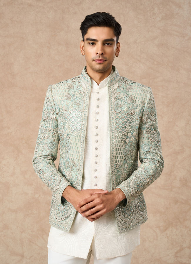 Manyavar Men Aqua Green Net Indo Western with Embroidery