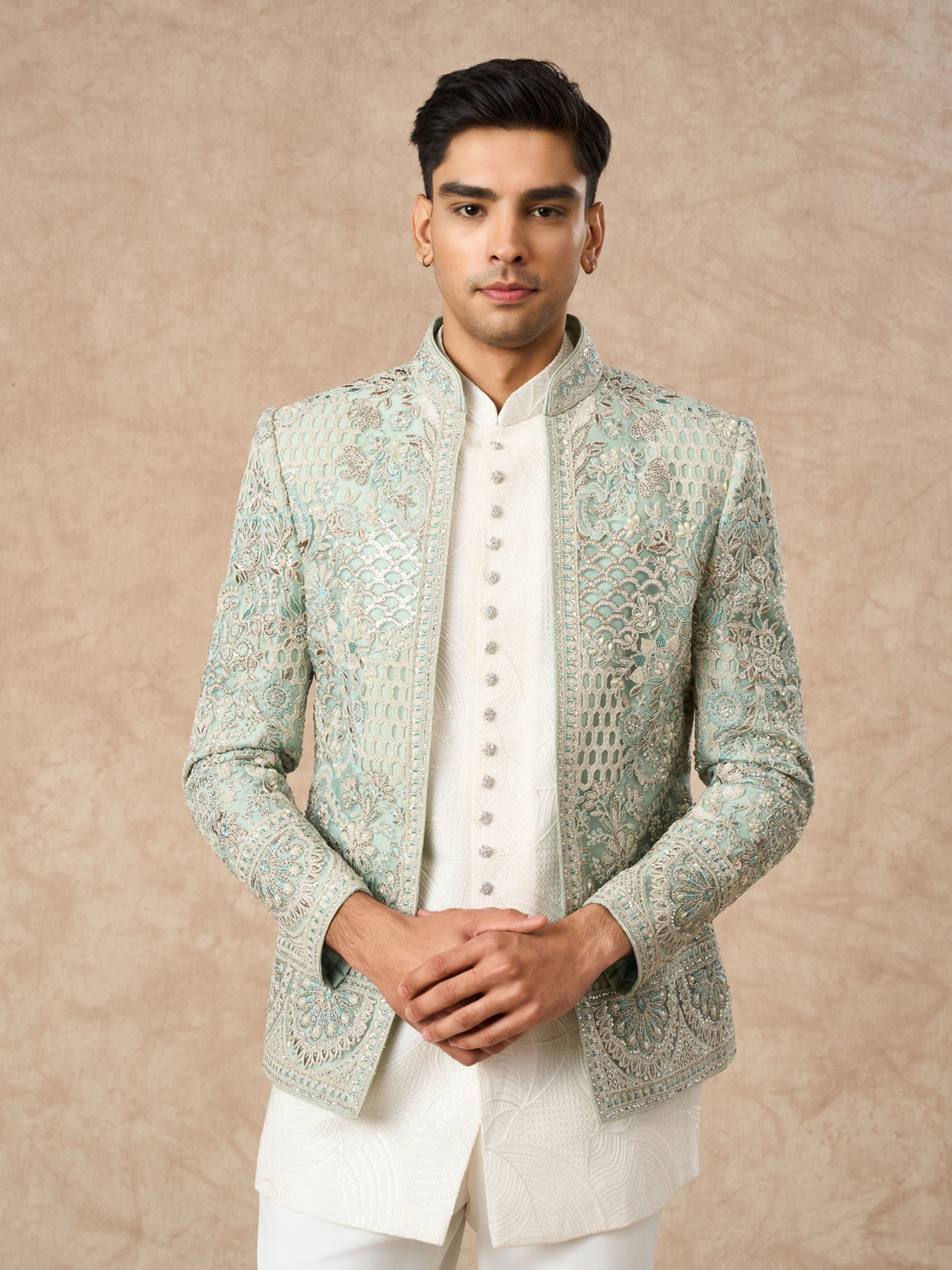 Manyavar Men Aqua Green Net Indo Western with Embroidery