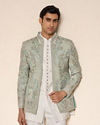 Manyavar Men Aqua Green Net Indo Western with Embroidery