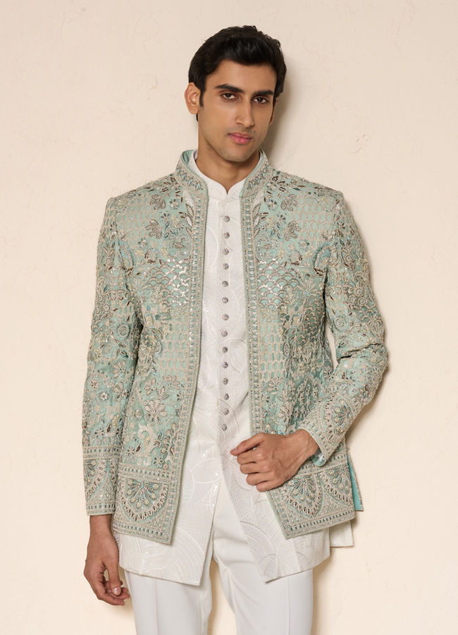 Manyavar Men Aqua Green Net Indo Western with Embroidery