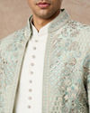 Manyavar Men Aqua Green Net Indo Western with Embroidery