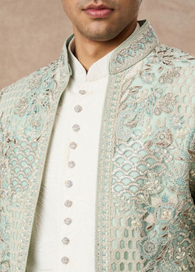 Manyavar Men Aqua Green Net Indo Western with Embroidery