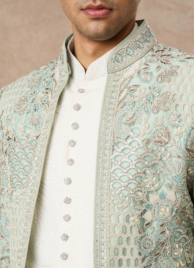 Manyavar Men Aqua Green Net Indo Western with Embroidery