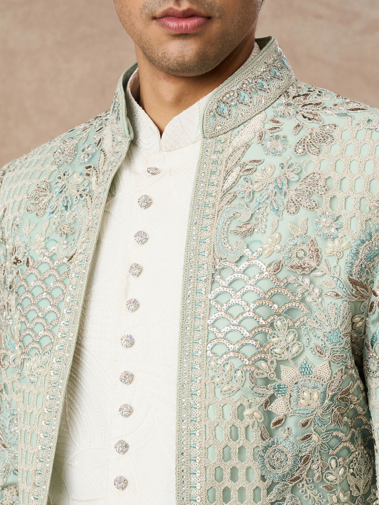 Manyavar Men Aqua Green Net Indo Western with Embroidery