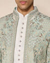 Manyavar Men Aqua Green Net Indo Western with Embroidery